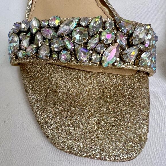 BADGLEY MISCHKA JEWEL Rhinestone Gold Sparkle 3in Heels Sandals Ankle Strap 5.5 - Picture 3 of 8